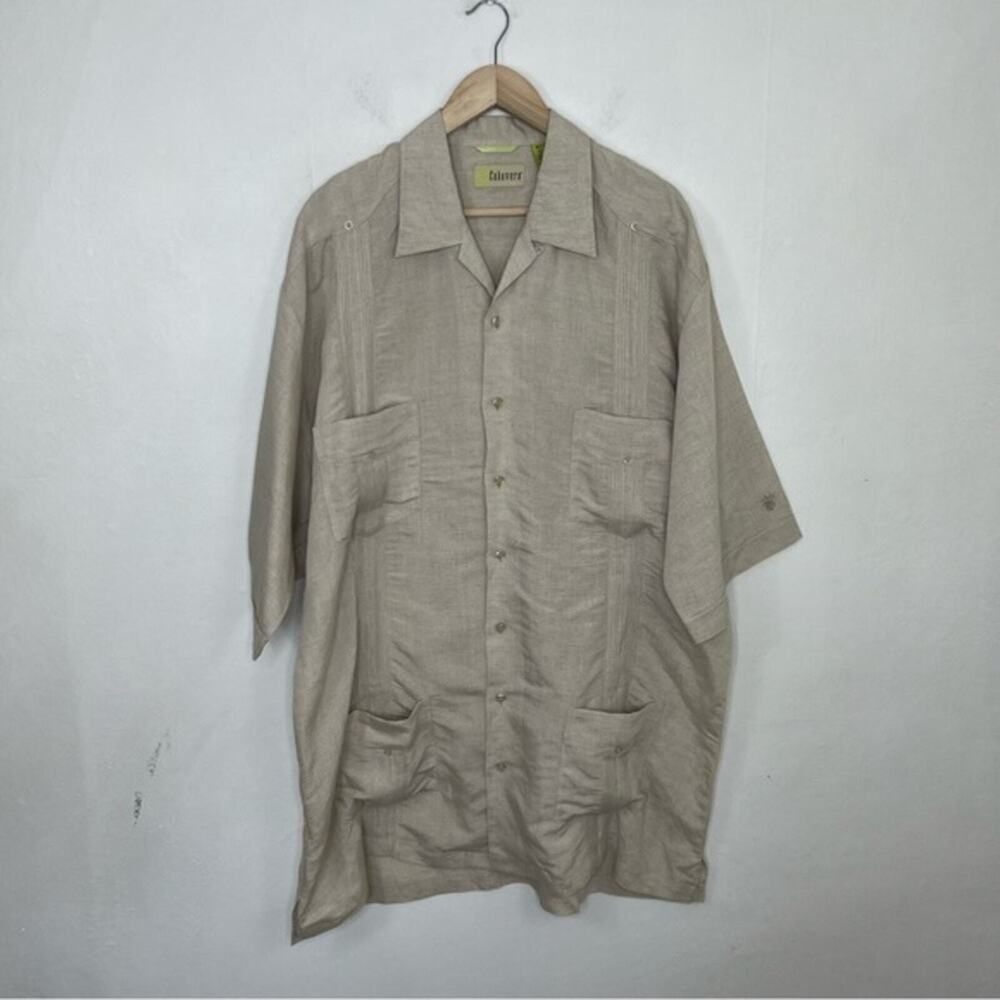 Cubavera Button Up Linen Blend Camp Beige Short Sleeve Quad Pocket Shirt XLT
